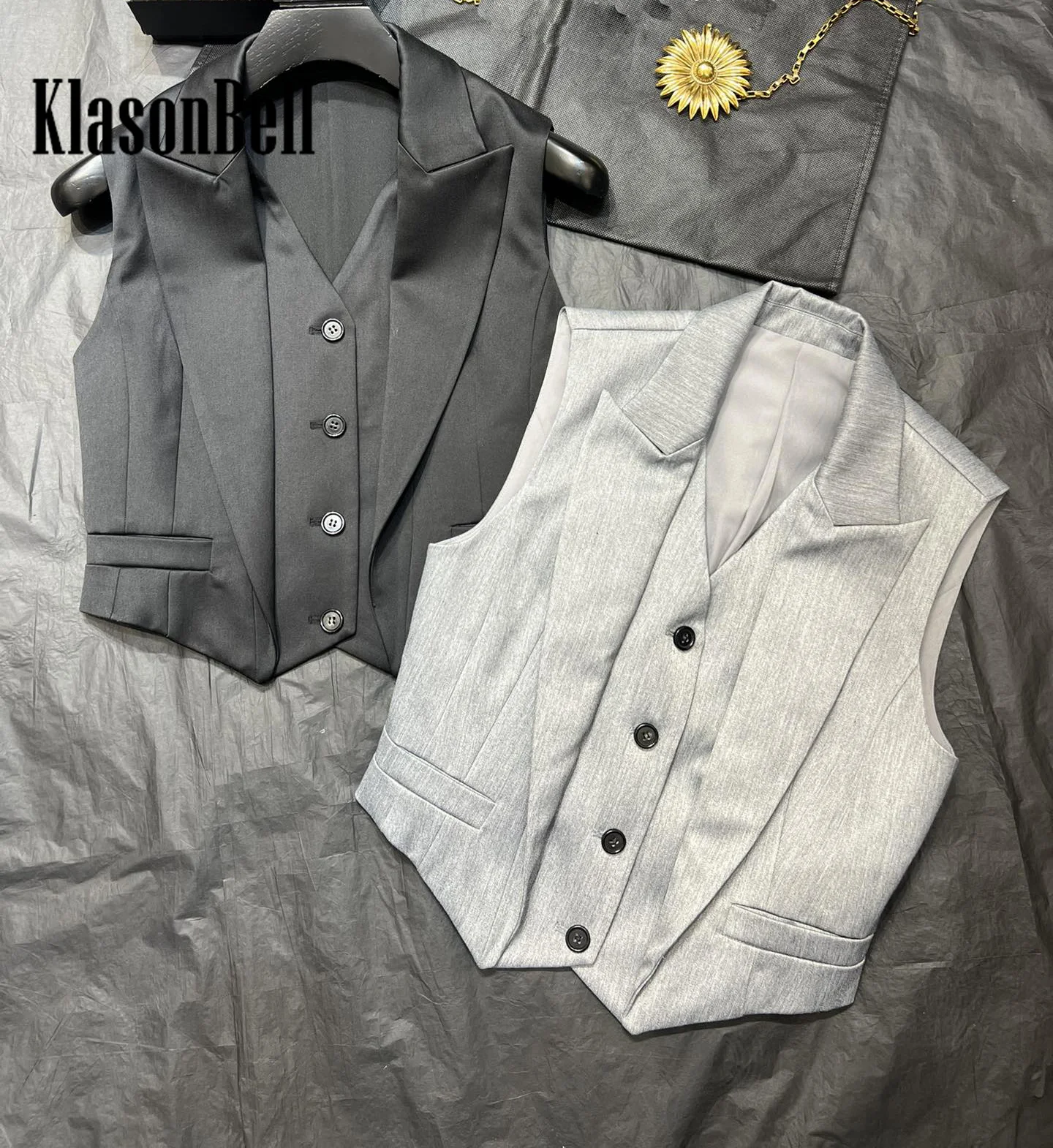 8.2 KlasonBell Women Temperament Wool Silk Blend Notched Collar V-Neck Design Fake Two Piece Vest Or Straight Suit Pants Set