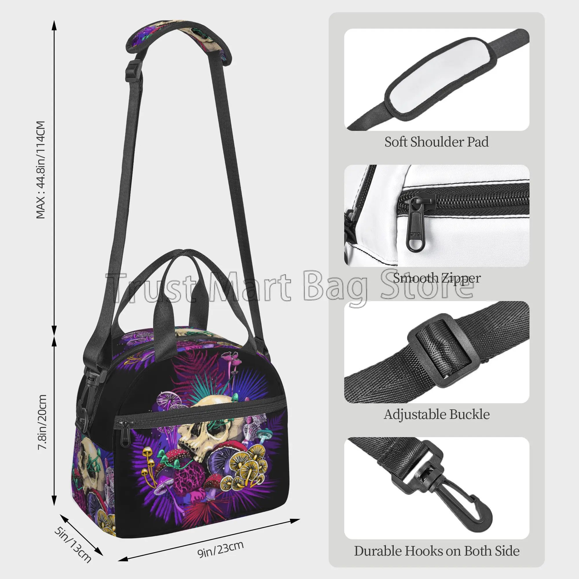 Mushroom Skull Insulated Lunch Bag for Women Men Work Resuable Portable Thermal Bento Tote Bags with Adjustable Shoulder Strap