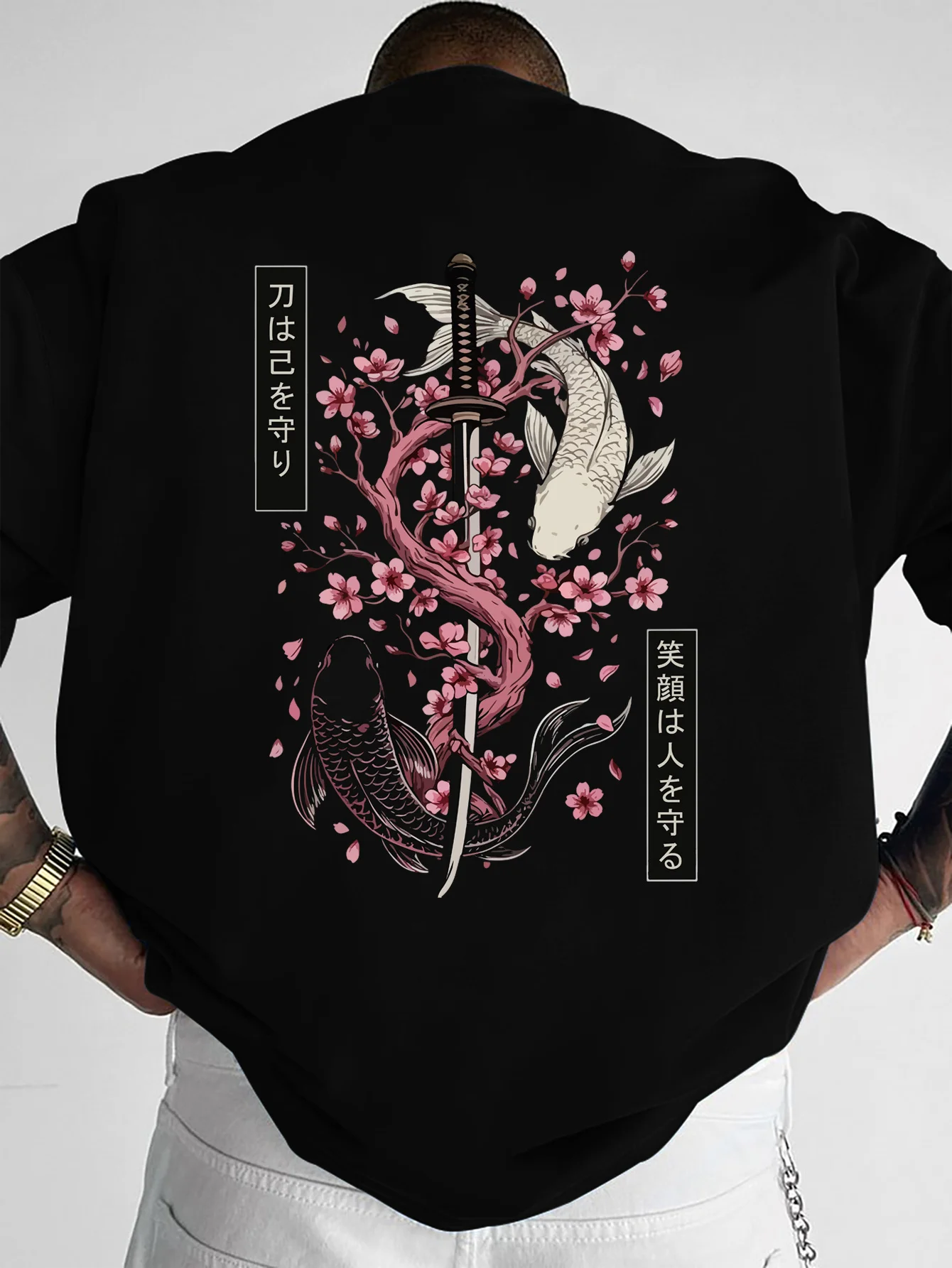 Hot selling new men's summer koi samurai sword letter print comfortable and breathable round neck T-shirt outdoor casual top