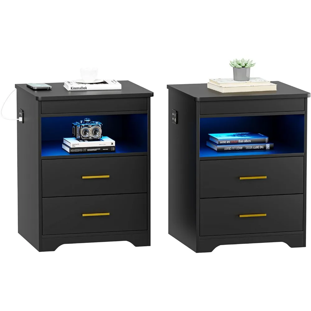 Nightstand Set of 2 with Charging Station, Beside Table with Secret Gun Compartment, Modern Nightstand with Auto Sensor LED