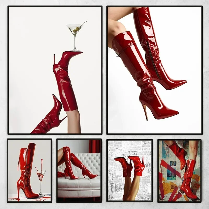 (2D Canvas painting) Red Boots Sexy Woman Poster Retro Fashion Magazine Femme Fatale Canvas Painting Trendy Wall Art for Livi