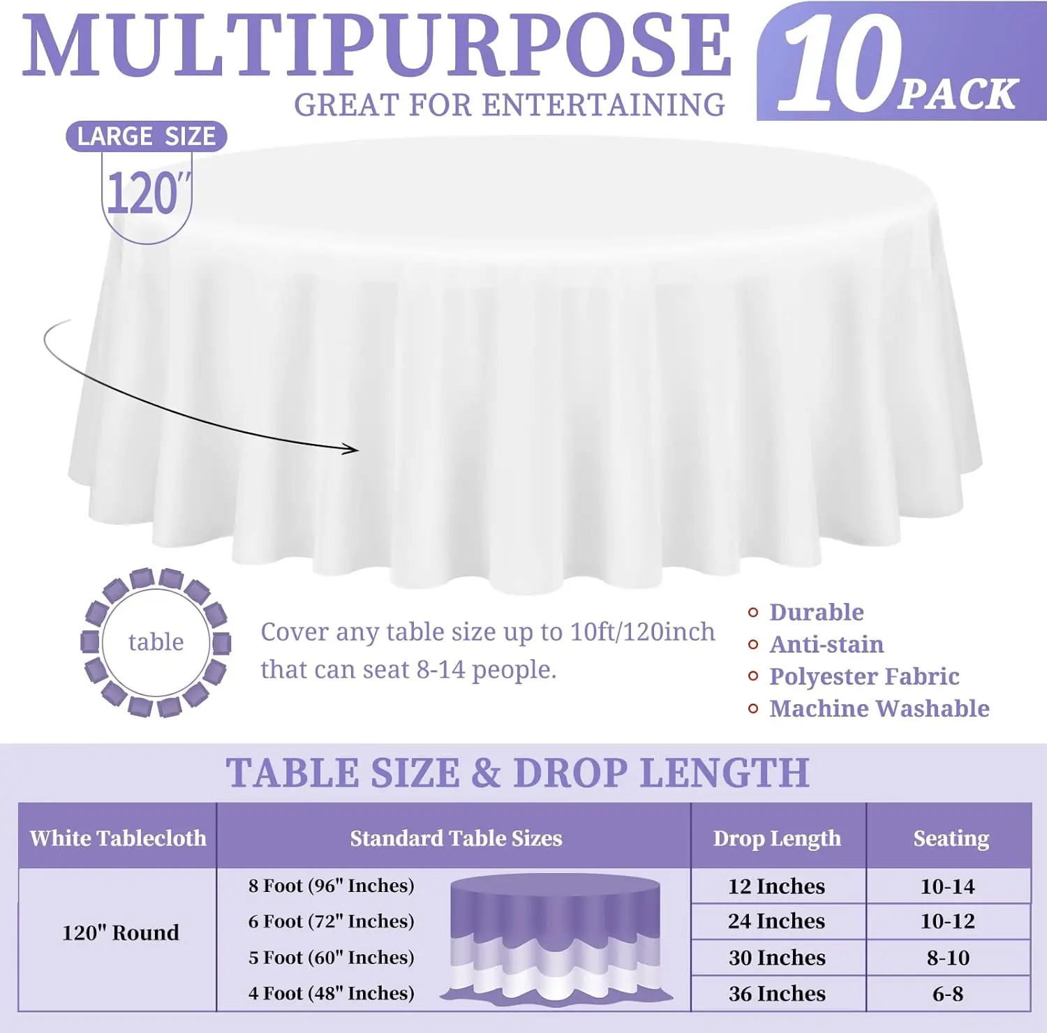 

10 Pack White Round Tablecloth 120 Inch Polyester Round Table Cloth White Tablecloths for Round Tables Washable Decorative