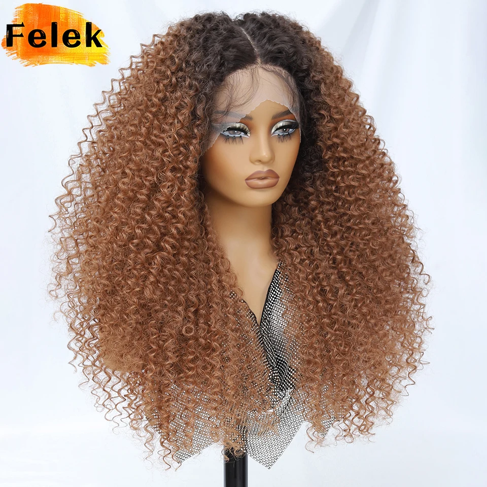 

Long Ombre Afro Kinky Curly Synthetic Wig 24 Inch Jerry Curl Deep Part Lace Front Wigs For Female Blue Copper 613 Highlight Wigs