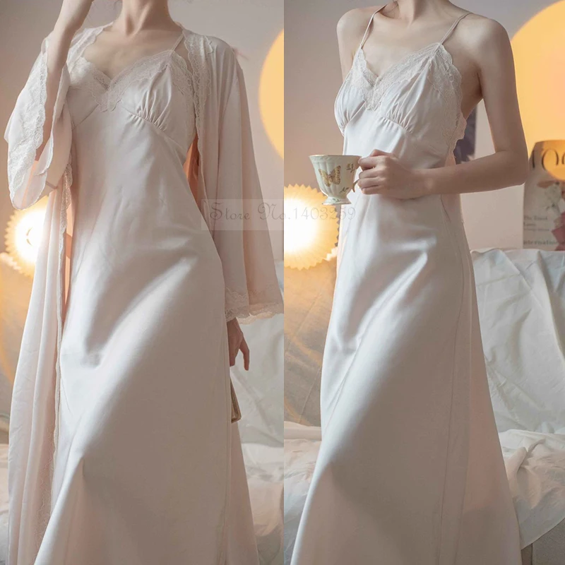 New Female Long Robe Nightgown Set Sexy Lace Trim Sleepwear Suspender Nightdress Spring Summer Casual Satin Home Dress Bathrobe