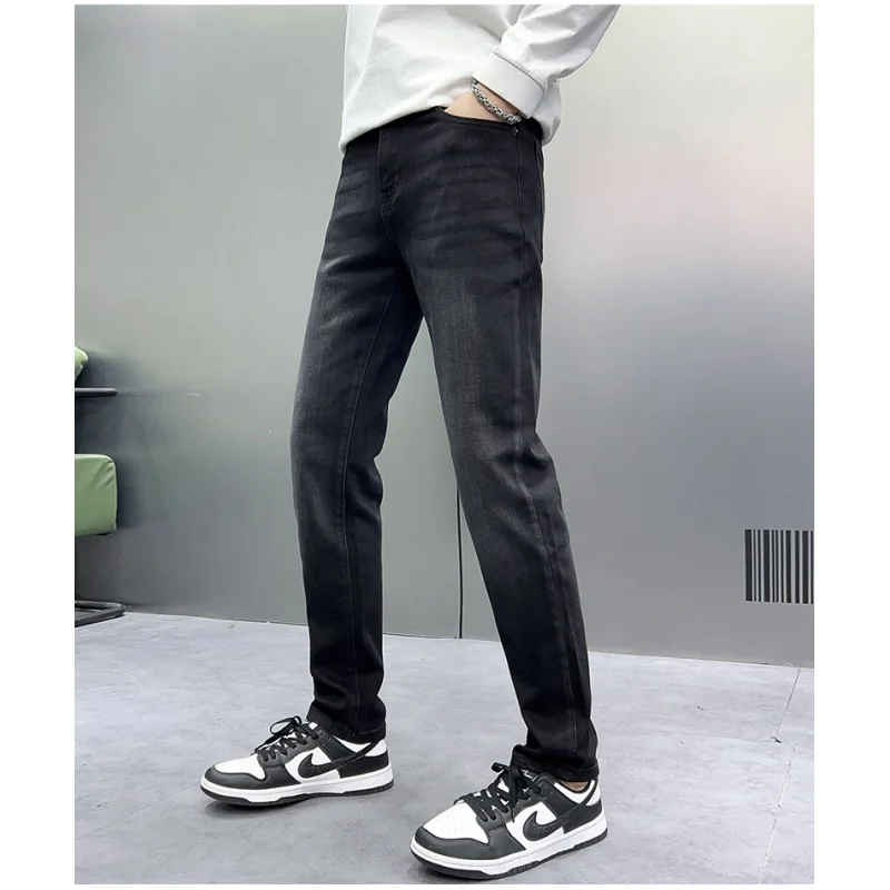 Jeans preto high-end masculino, leve, luxo e simplicidade, design, fino, reto, stretch, tudo combinando, calça casual, elegante, 2024