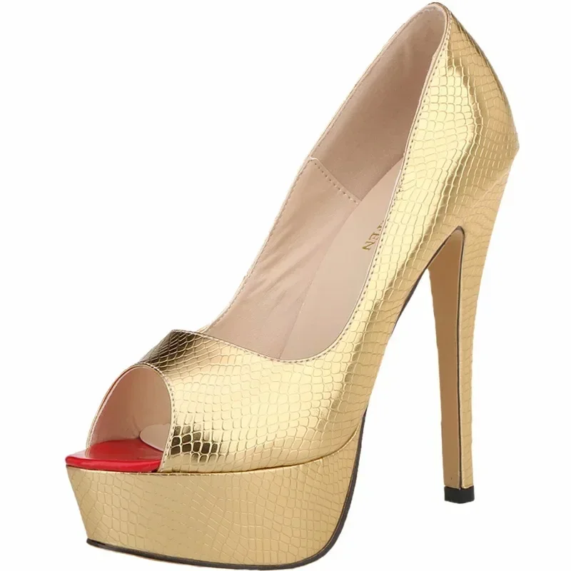 

Women Sandals Sexy Pumps Patent Leather Platform Crocodile Pattern 14cm High Heels Peep Toe Stilettos Party Dress Wedding Shoes