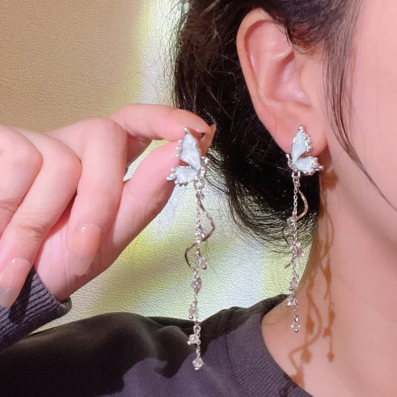 S925 Silver Needle Blue Color Drip Glaze Butterfly Imitation Pearl Long Tassel Earrings for Women Trendy Earrings Travel Gift