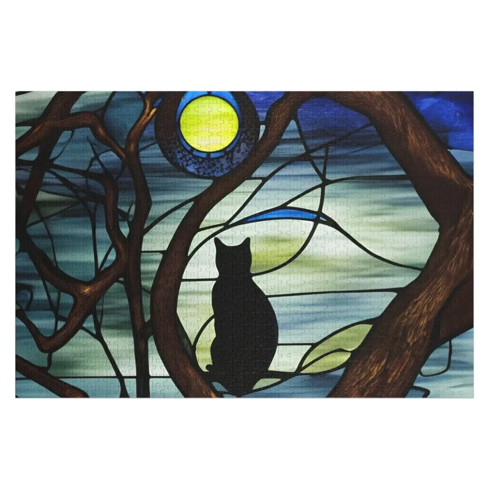 Stained Glass Cat In A Tree Watches The Moon Jigsaw Puzzle Custom Child Gift Children Puzzle