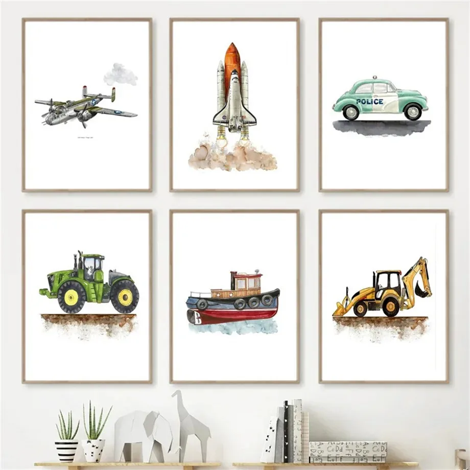 Tractor Bulldozer Fighter Ship Rocket Ambulance Wall Art Canvas Painting Posters And Prints Wall Pictures Boy Kids Room Decor