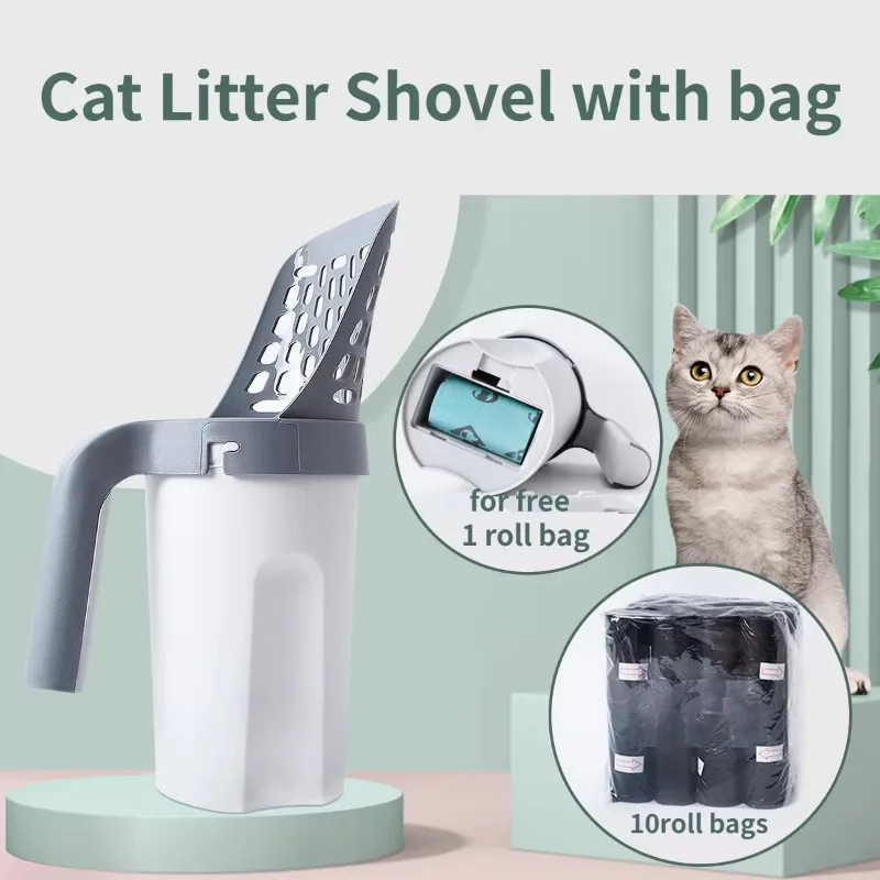 Cat Litter Shovel with Waste Bags Self Cleaning Cats Litter Scooper Portable Cat Litter Box Cleaning Tool Pet Cat Supplies