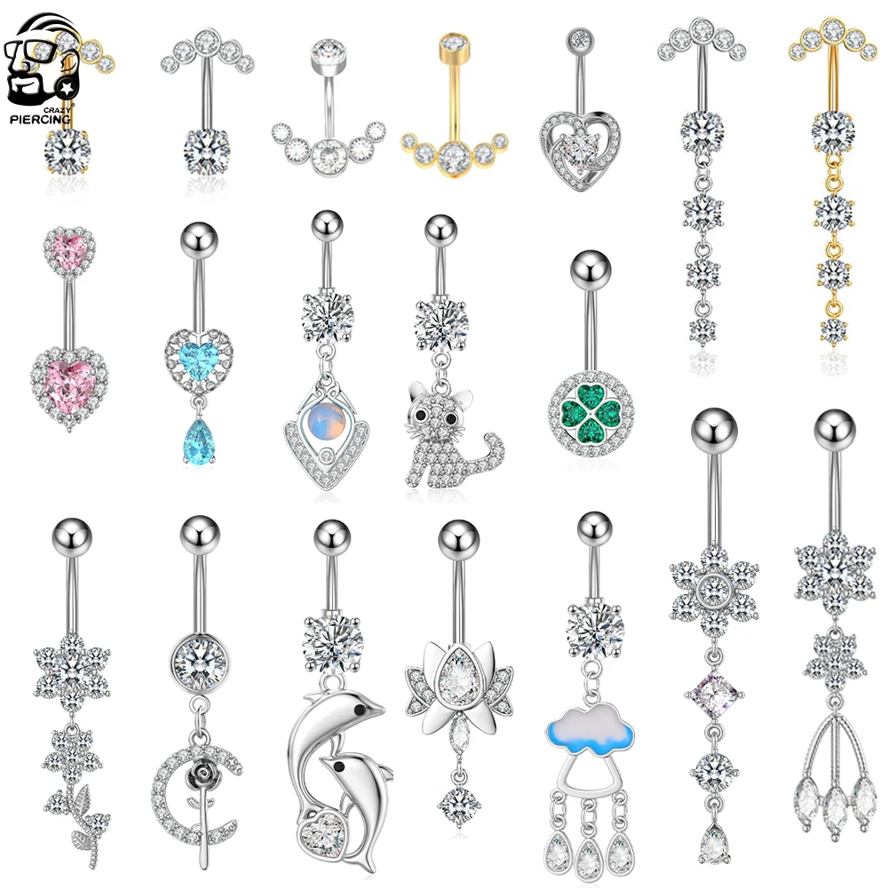 Cute Cat Dolphin-Love Sexy Belly Button Piercing 14G Flower Heart Crystal CZs Curved Navel Belly Ring Stainless Dangled Jewelry