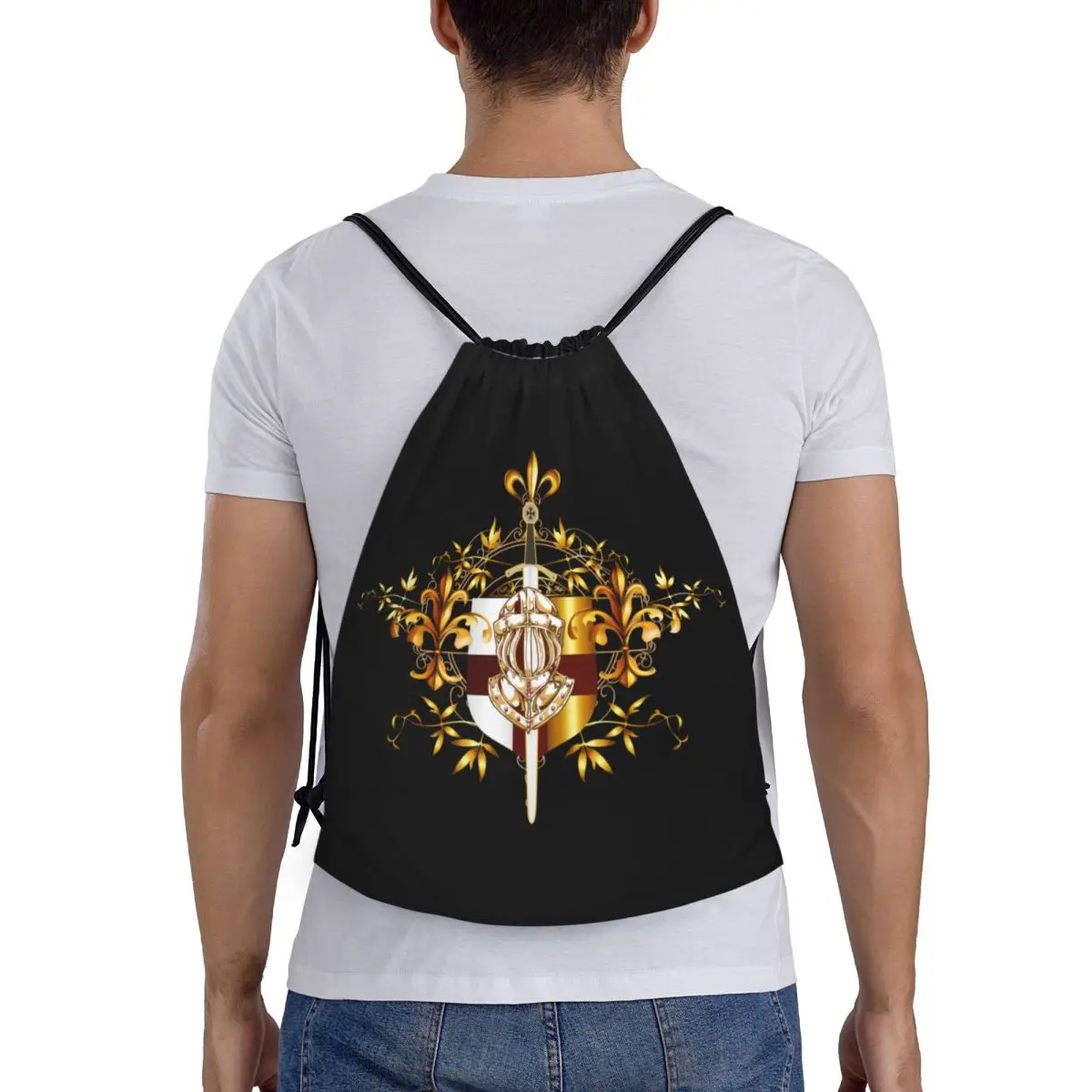 فرسان الهيكل الصليب درع رمز القرون الوسطى السيف شعار الرباط على ظهره الرياضة الصالة الرياضية Sackpack حقيبة تسوق قابلة للطي كيس