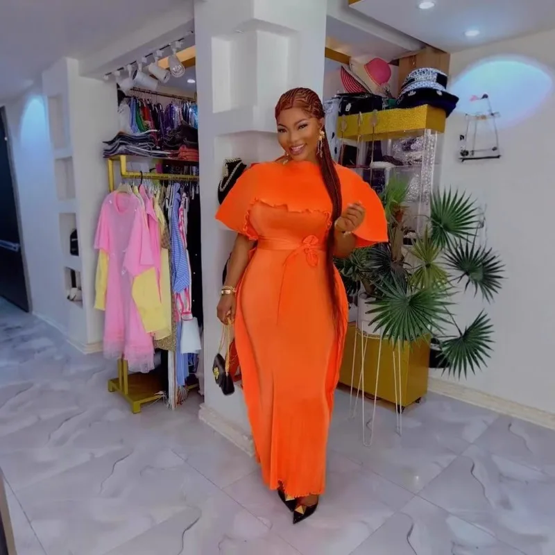 ตะวันออกกลาง Miyake จีบ PLUS ขนาดผู้หญิงแฟชั่นชุดแอฟริกันพรหมใหม่ Elegant แขนสั้นหลวม PLUS ขนาดชุดยาว