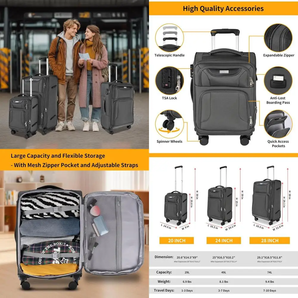 

Серый расширяемый комплект багажа из 3 предметов с передним карманом, замком TSA, легкой тканью Оксфорд 20/24/28