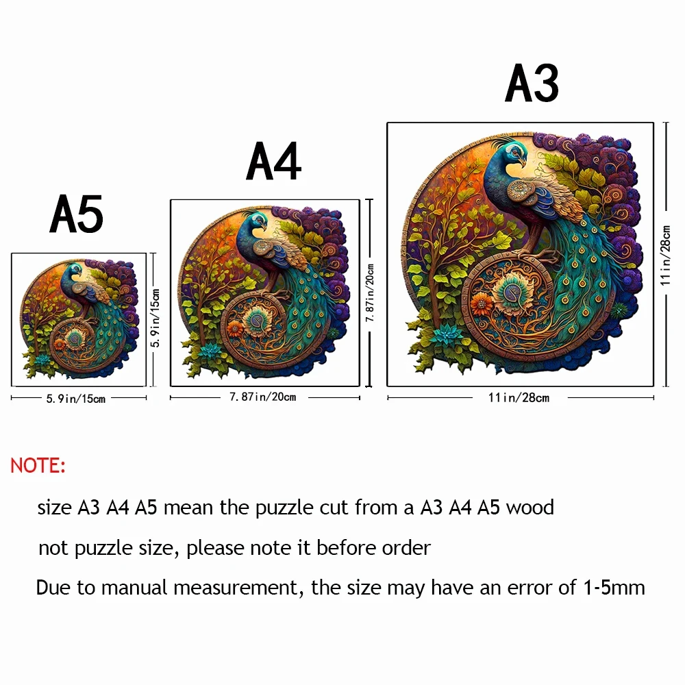 A3 A4 A5 Multi Size Puzzle Adult Animal Wooden Puzzle Round Peacock and Bird Wooden Puzzle Children\'s Puzzle Toy Festival Gift