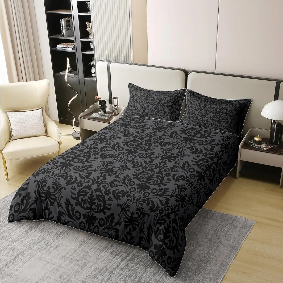 Antique Victorian Baroque Bedding Set King Size Grey Black Damask Duvet Cover With 2 Pillowcases Gothic Vintage