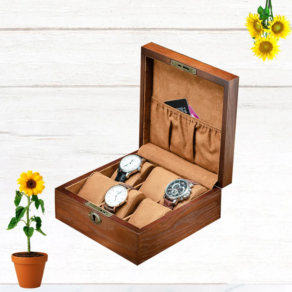 

6 Slot Wooden Watch Box with Lock Elegant Storage and Display Case for Wristwatches Dustproof Scratch Resistant Brown Square