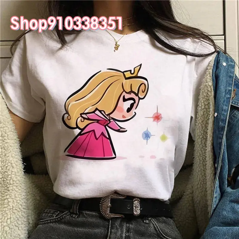 Summer Aurora Princess Mermaid Cartoon Print T-shirts Harajuku Casual Women Tees Round Neck Short Sleeve Tops Girls Clothes