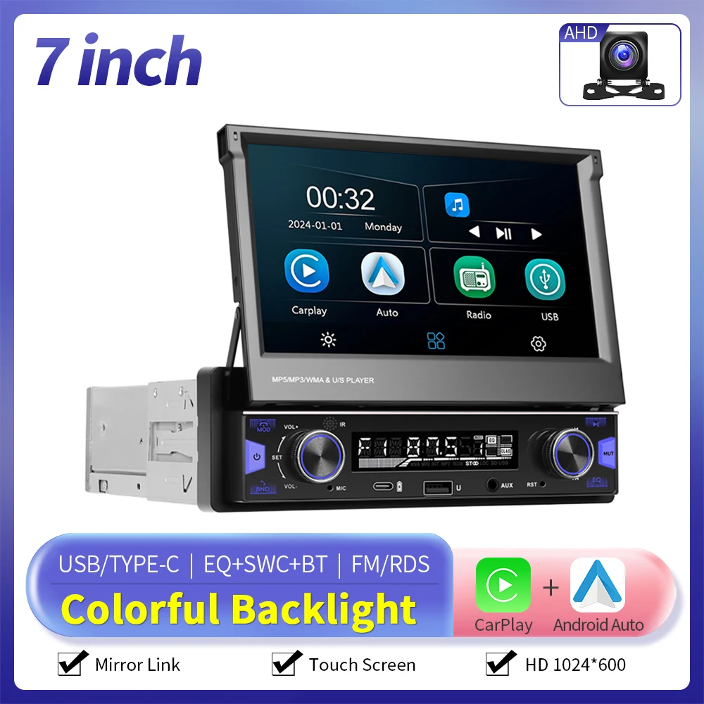 Camecho 7 inch Intrekbaar Scherm 1 Din Autoradio Radio Draadloze Carplay Android Auto MP5 Multimedia Speler Bluetooth Mirrorlink
