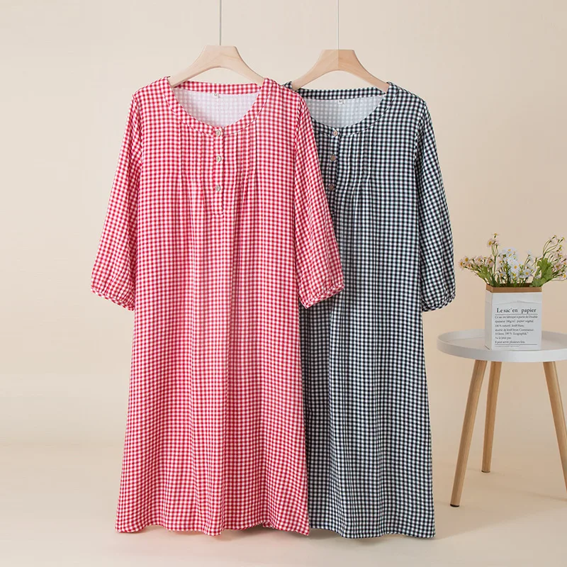 

2025 Cotton Gauze Plaid Home Dress Spring and Summer Thin Nightdress Loose Nine-quarter Sleeve Thin Long Night Gown