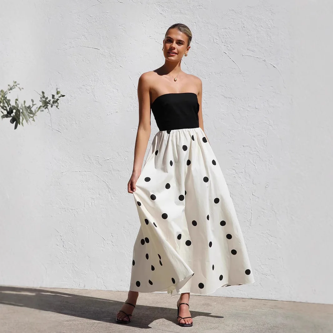 

Strapless Sexy Dot Print Patchwork Chic Maxi Dress, Women Spring Summer Sleeveless Party Dress, 2025 Elegant Lady Beach Dresses