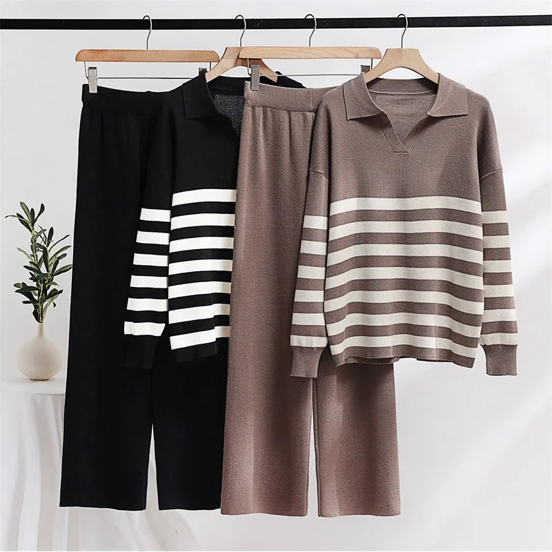 

Casual Striped Knitted Two Piece Set Korean Loungewear Polo Sweater Matching Set Women Winter 2 Piece Knit Pants Set For Women