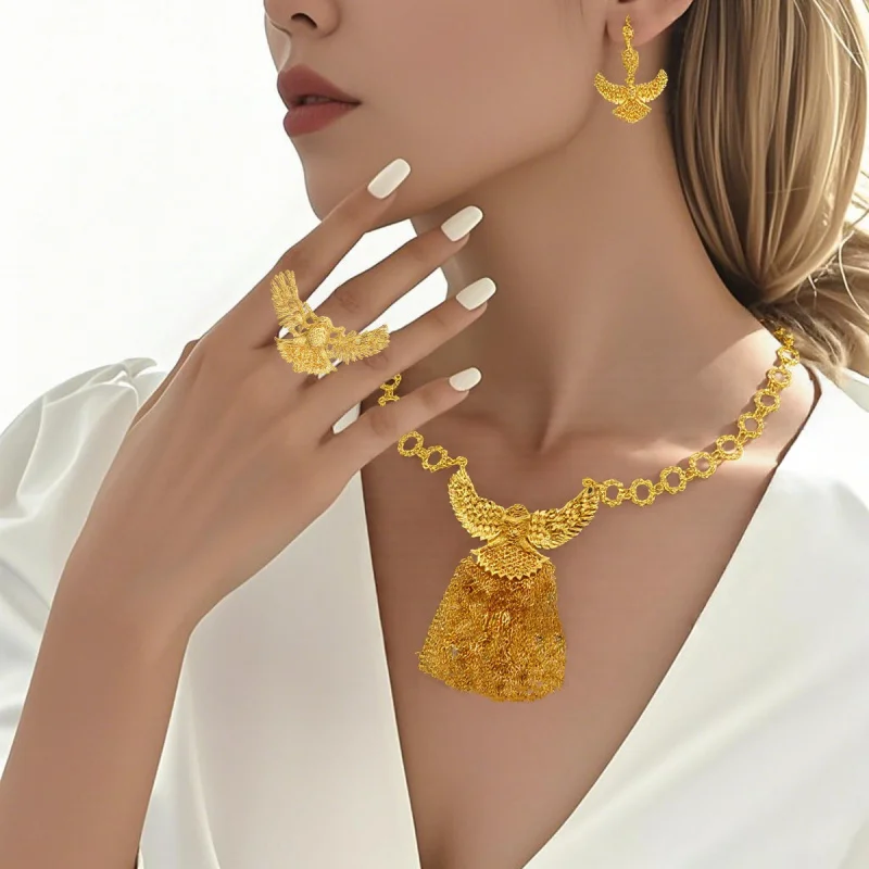 

2025Dubai Luxury24KReal Gold Plated Necklace Earrings Ring Set Eagle Tassel Wedding Banquet Accessories