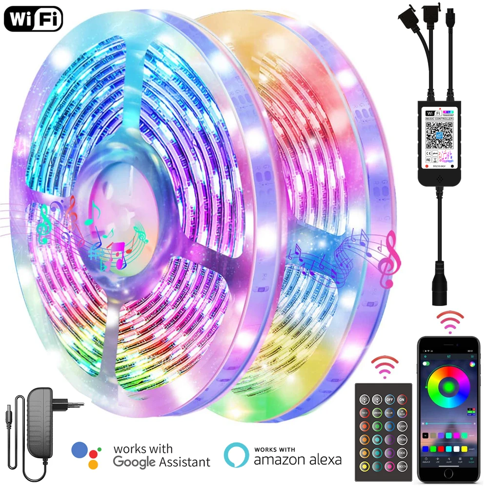 Smart Wi-Fi LED Strip Lights Kit RGB 5050 5M 10M 15M 20M 30M Bright Ribbon Stripe With Remote Controller Colorful Home Ambient