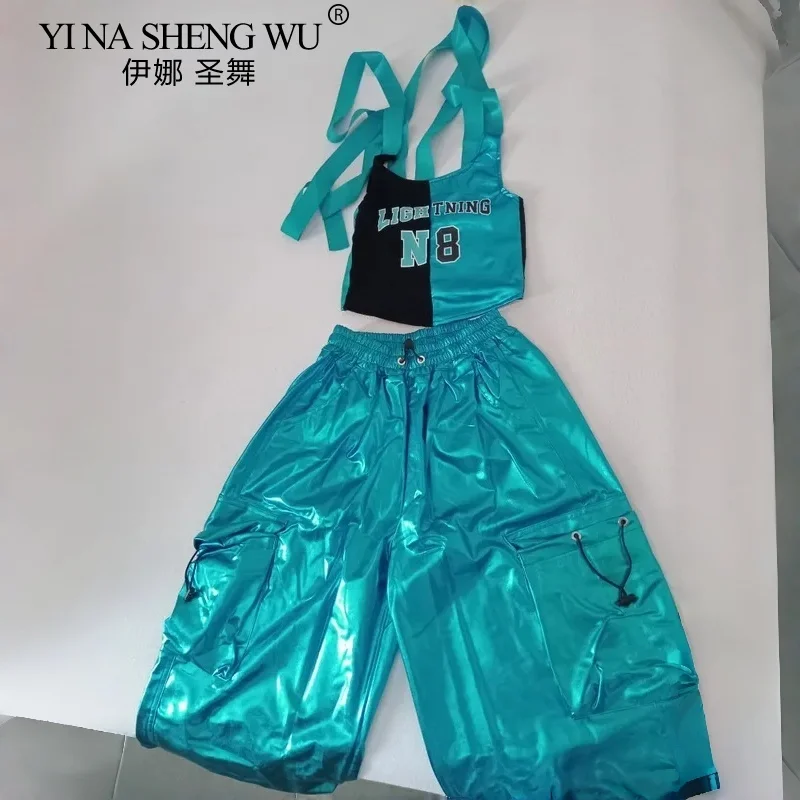 Kids Street Dance Jazz Performance Costumes Girls Hip Hop Summer Fashion Blue Short Sleeve T-Shirt Boys Catwalk Stage Pants Suit