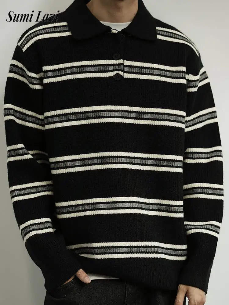 

Daily Casual Slim Knit Polo Shirts Mens Autumn Winter Vintage Striped Knitted Sweaters Men Fashionable Button Lapel Polos