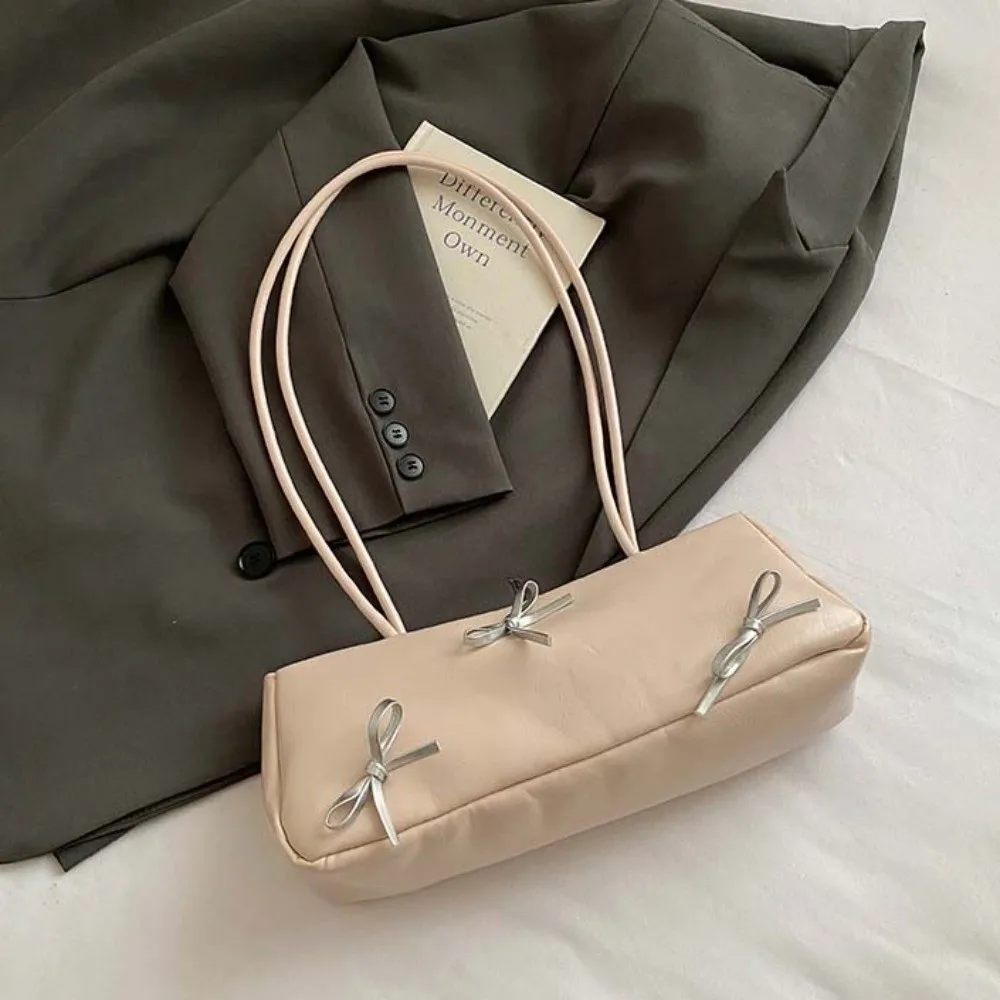 

All-match Sweet French Stick Handbag Bow Ribbon Pendant Silver PU Shoulder Bag Waterproof Solid Color Lady Underarm Bags Girls
