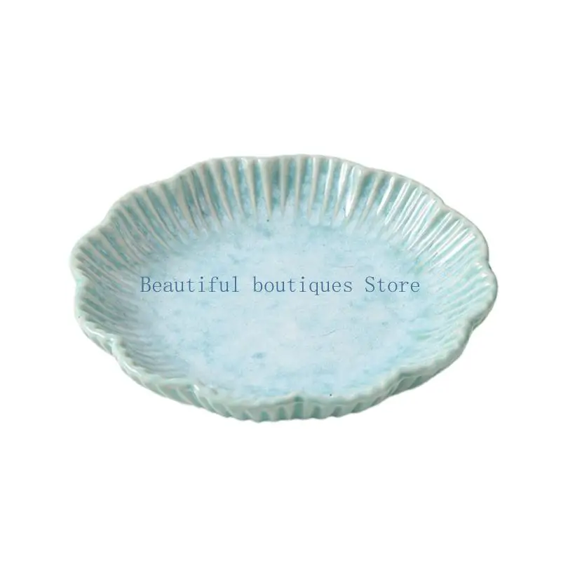 U4LF Ring and Earring Holder, Ceramic Accessory Tray with Textured Scalloped Edge for Dresser and Vanity Storage Use