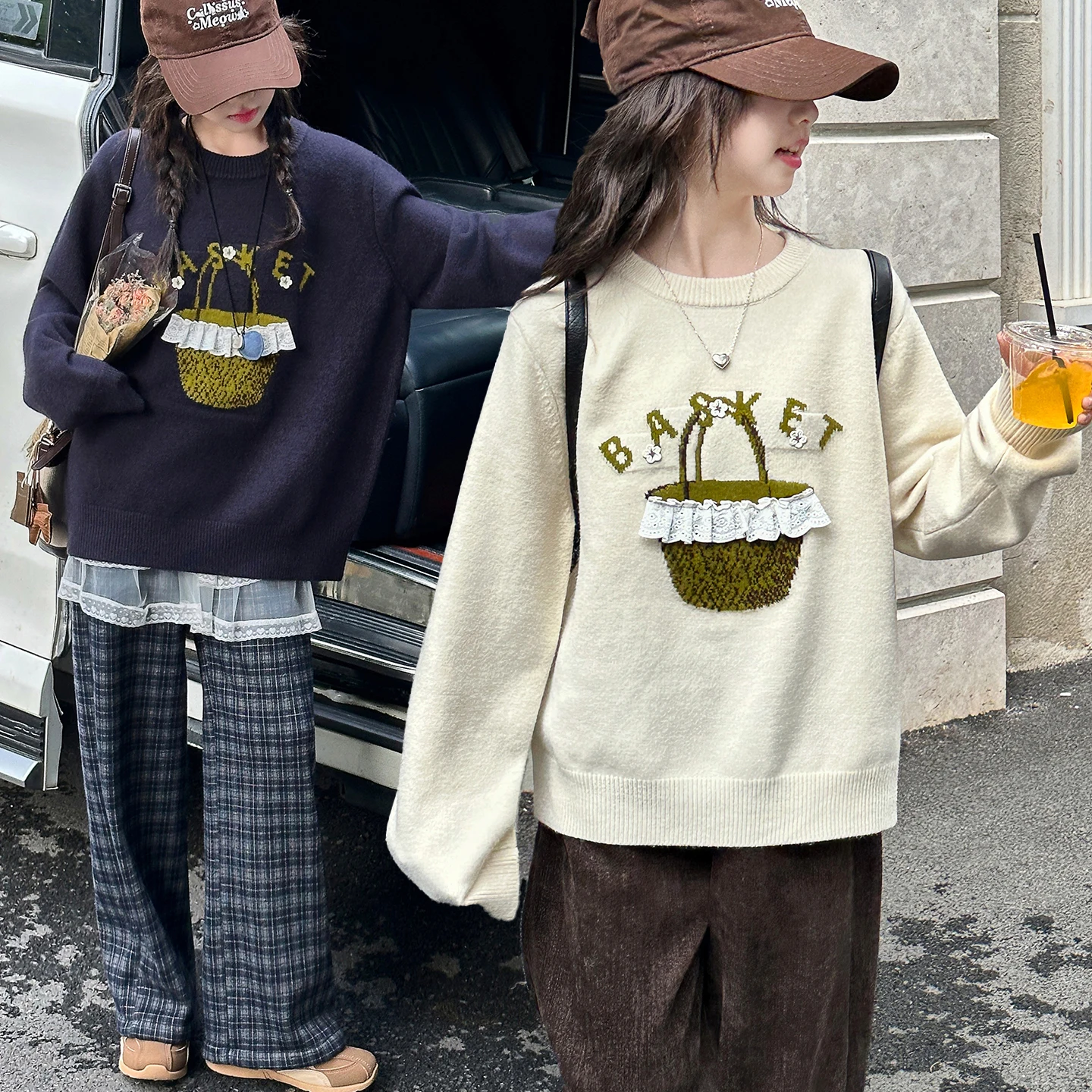 

Girl Winter Casual Round Neck Tops Kids Loose Fit Top Clothing Kids Sweater 4-14Y Girl Autumn Korean Sweater Embroidery Pullover