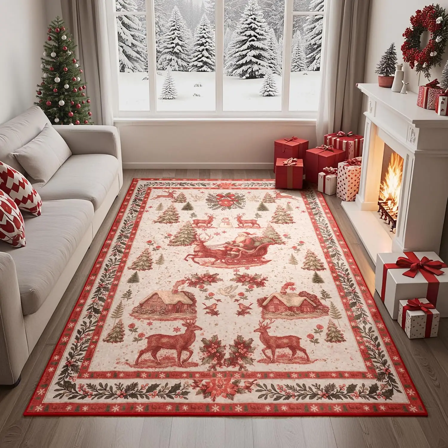 

Christmas Rug Rugs for Living Room Non-Slip Washable Rug Rubber Backing Large Soft Vintage Christmas Tree Santa Claus Carpet