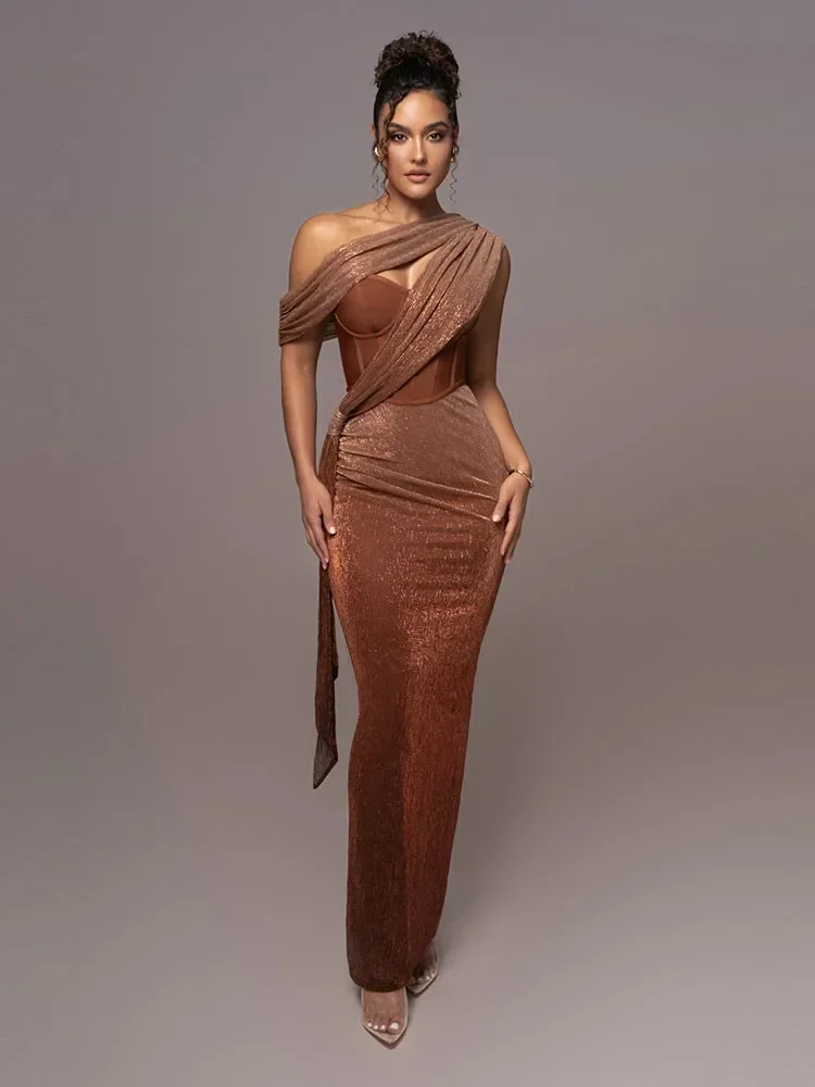 

(B Cup) Sexy One Shoulder Draped Glitter Long Dress Women Brown Corset Sparkly Backless Bodycon Maxi Dresses Evening Party Gowns