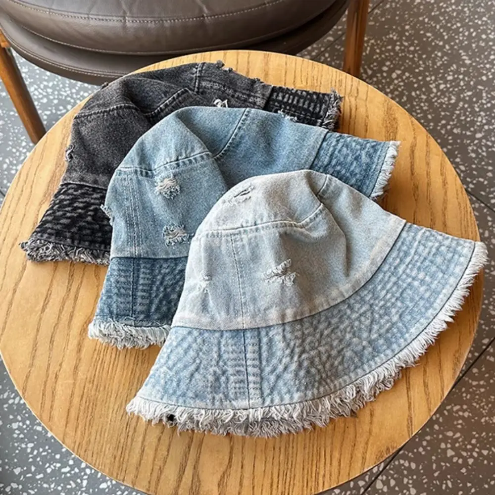 

Korean Style Denim Bucket Hat Large Brim Washed Denim Fishermen Caps Frayed Edge Small Face Effect Sun Protection Hat Travel