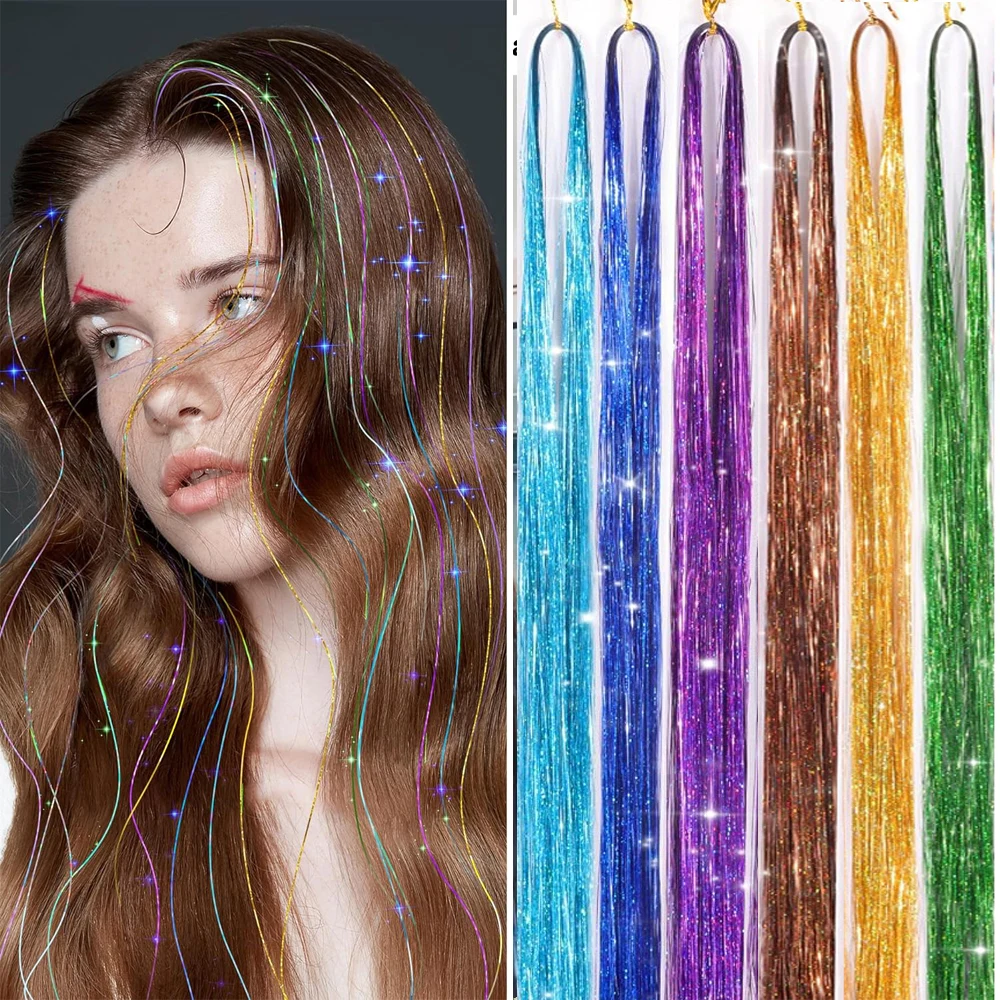 

6Pcs Sparkle Hair Tinsel Rainbow Colored Strands Girls Headwear Hairbinge Hair Laser False Hair Extensions Decor Glitter Strip