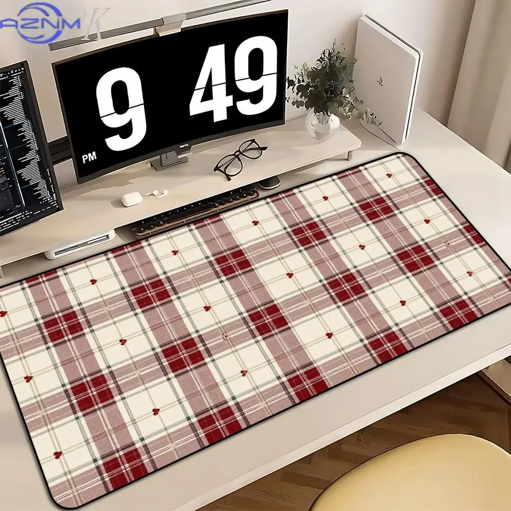 Red Plaid Heart Pattern Large Mouse Pad Non-Slip Rubber Base Retro Checkered Extended Desk Mouse Mat  Aesthetic Laptop Table Pad