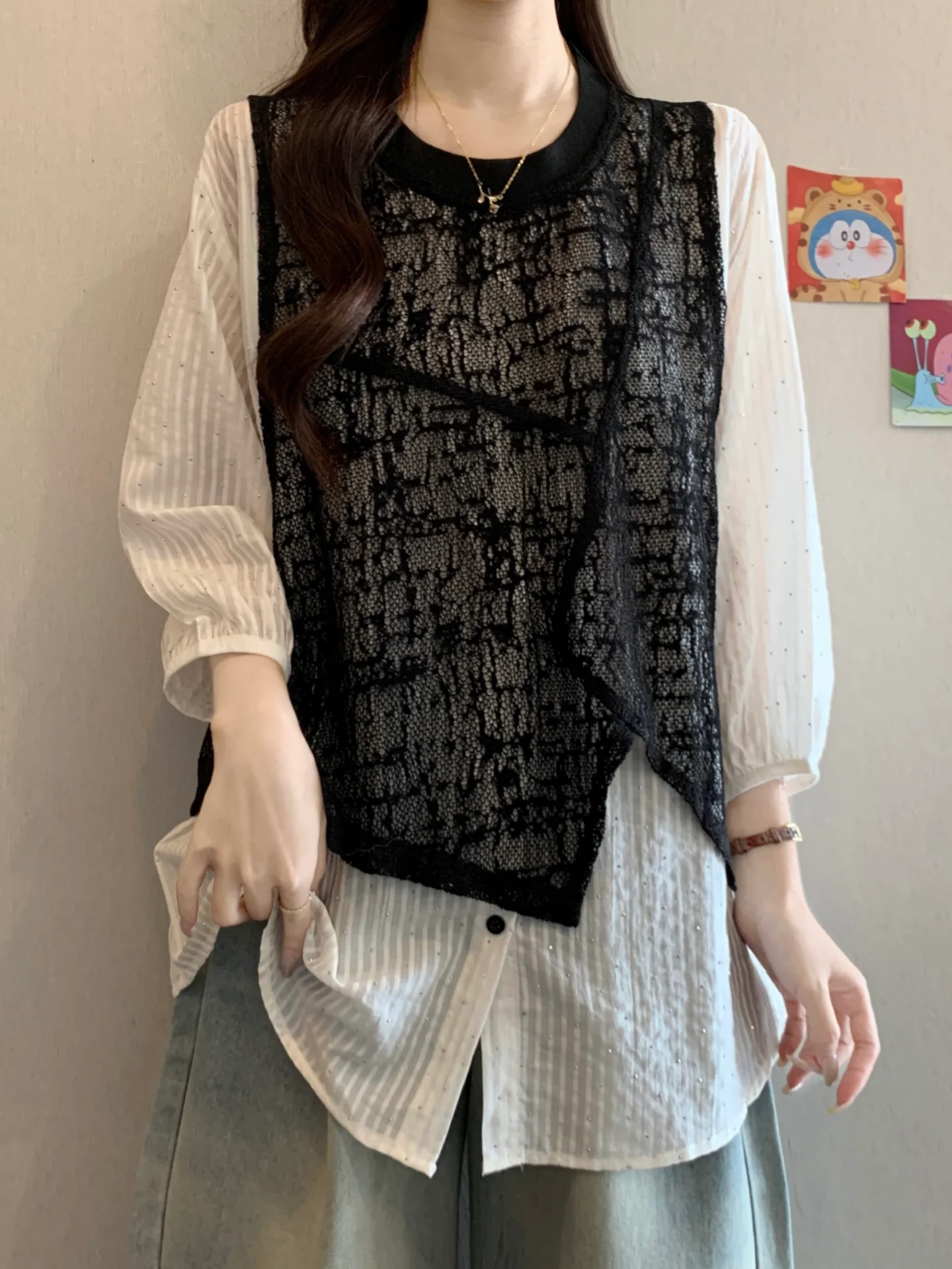 

Slimming Seven-Quarter Sleeve Lace Patchwork Women's Shirt Arm Covering Korean Style Commute Wind Loose Fit Breathable