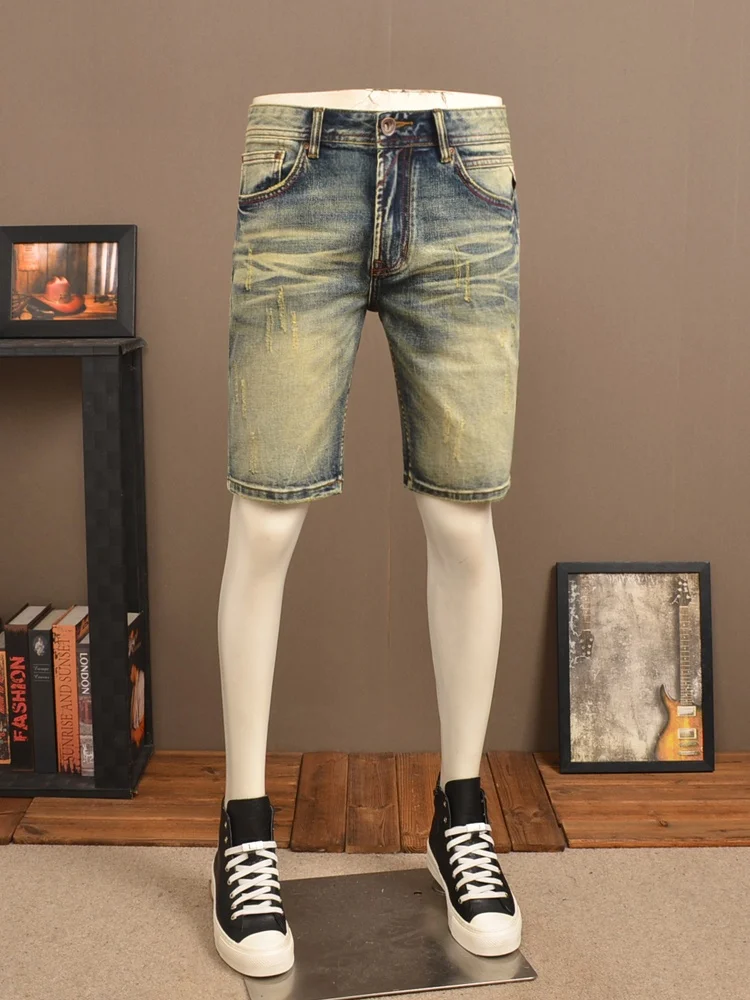 

Летние джинсовые рта в стиле ретро, мужские модные брендовые эластичные повседневные брюки с прямой талией и пятью точками, хлопковые эластичные джинсовые брюки