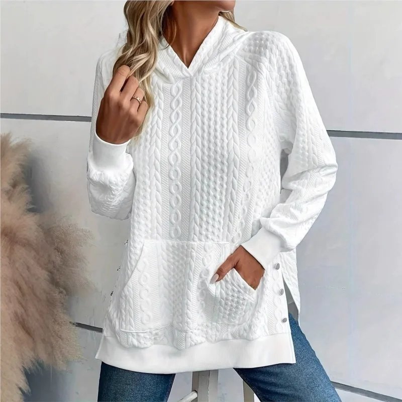 

Simple Casual Hoodie Sweatshirt Womens Waffle Solid color Long Sleeve Round Neck Button Hoodie with Pockets Pullover Daily Sport