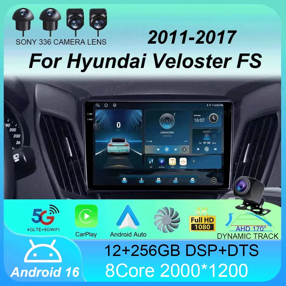 Android 16 Car Radio Carplay For Hyundai Veloster FS 2011 - 2017 Navigation Multimedia Player Stereo WiFi+4G BT DVD 360 Canera