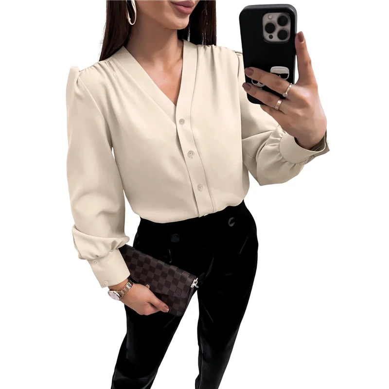 

ASDS-женские повседневные деловые топы, летние рубашки на пуговицах с длинными рукавами, шифоновые блузки с v-образным вырезом