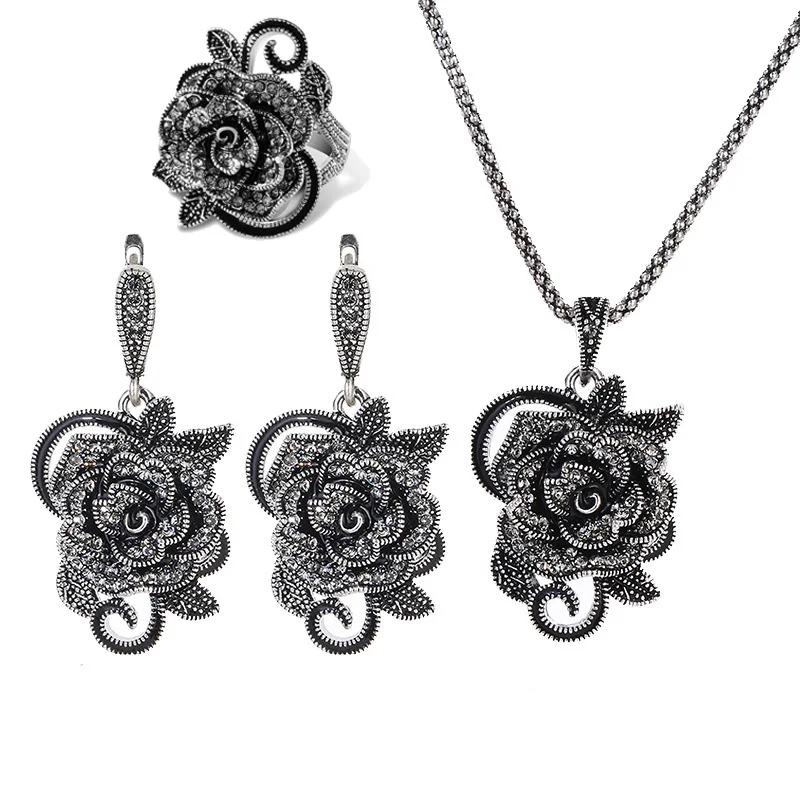 Ajojewel Black Crystal Rhinestone Rose Flower Jewelry Sets For Women Luxury Vintage Necklace Ring Earrings Set Creative Gift