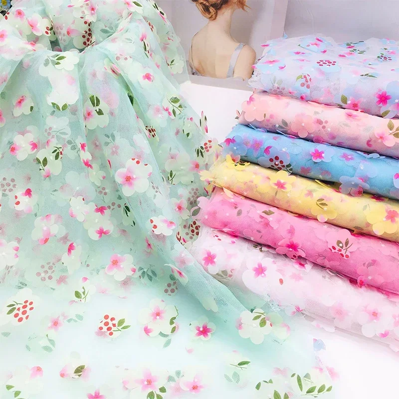 

1m Laser Embroidery 3D Floral Print Mesh Fabric Girl Dress Skirt Tulle Party Gowns Evening Dresses DIY Sewing Lace Fabric