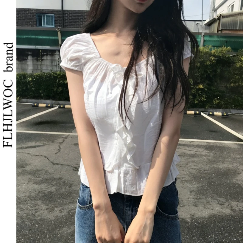 

Cotton Tie Strap Tops Blouses Cue Sweet Japan Style Girls Women Sweet Ruffled Blouse Ruched Drawstring Tie Casual Short Crop Top