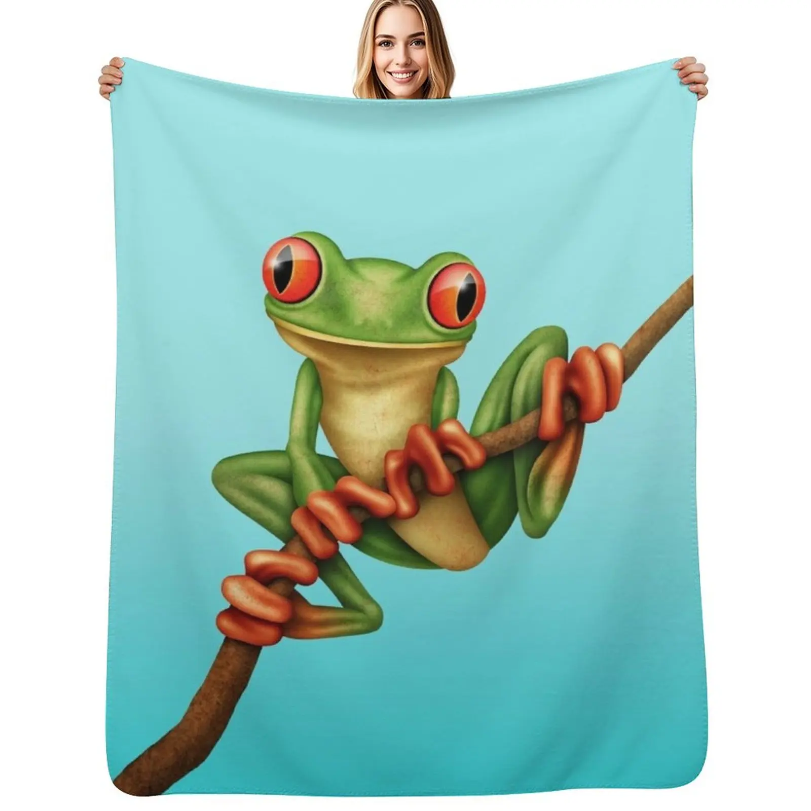 Cute Green Tree Frog on a Branch Throw Blanket Sleeping Bag for babies Large Single Comforter Flannel Fabric Blankets