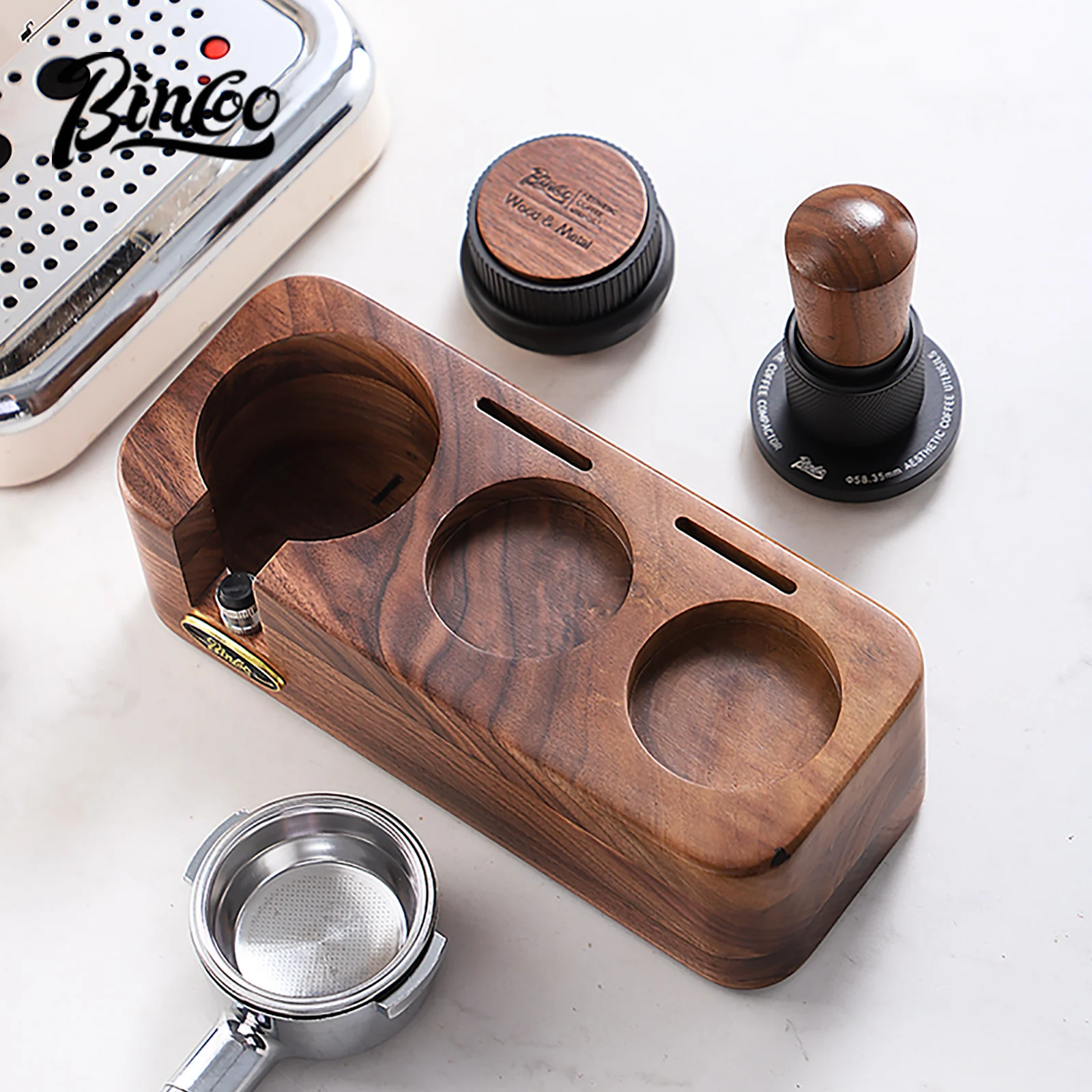 Bincoo Ice Walnut Tamper Station 3-Piece Set, Espresso Tamper & Distributor Storage Kit, Home Cafe Shop Gift for Coffee Lovers