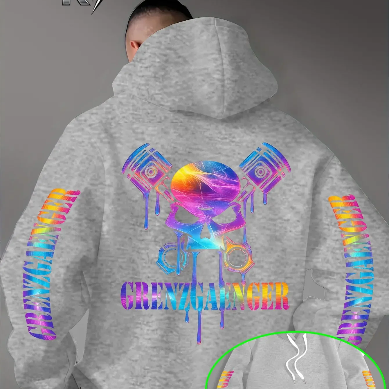 Men's Biker Motorcycle Hoodie Skull Piston Graphic Gradient Drip Back Sleeve Print Loose Pocket Pullover Sweatshirt Streetwear