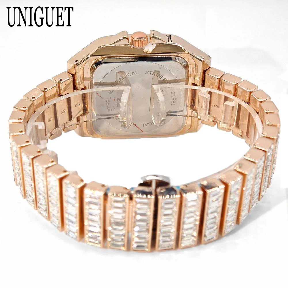 ساعة عصرية على شكل ثلج وردي للرجال فاخرة من الفولاذ المقاوم للصدأ ساعات كوارتز مربعة للرجال هيب هوب مستطيلة الماس AAA ساعة يد مجوهرات